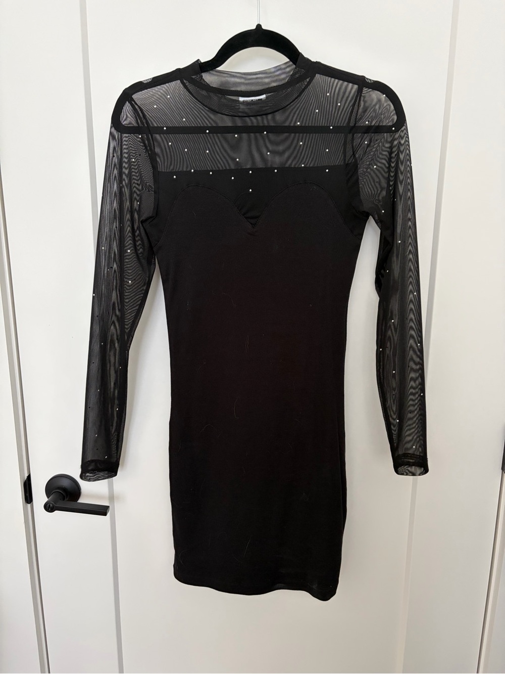 Noisy May Black Mesh Long Sleeve Bodycon Dress with Embellished Sheer Yoke